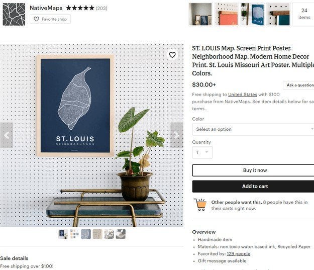 etsy product page with a poster of st louis on a wall next to a plant with a description and add to cart button