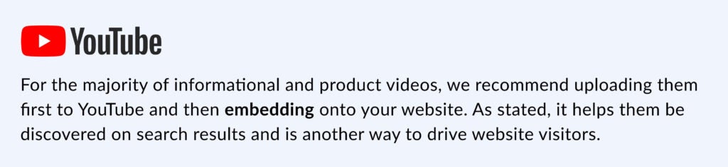 A top tip recommending users to upload videos to YouTube first before embedding into a website