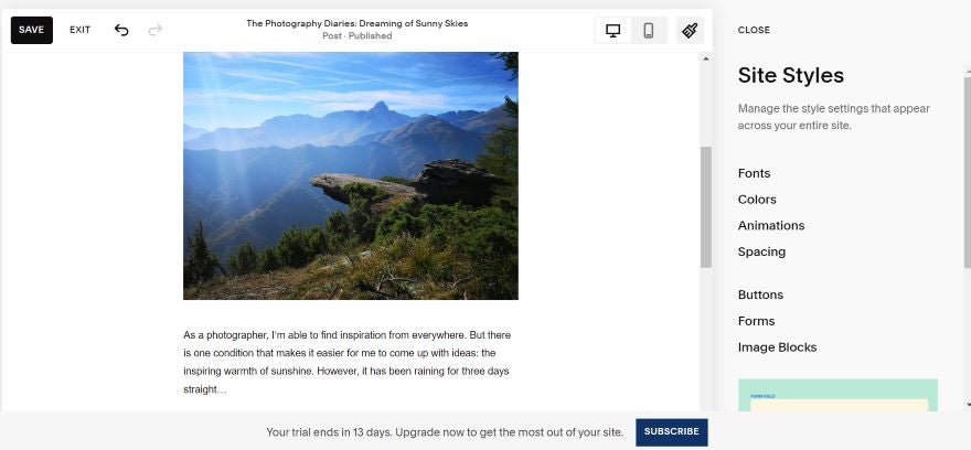 Screenshot of a blog post on Squarespace's editor.