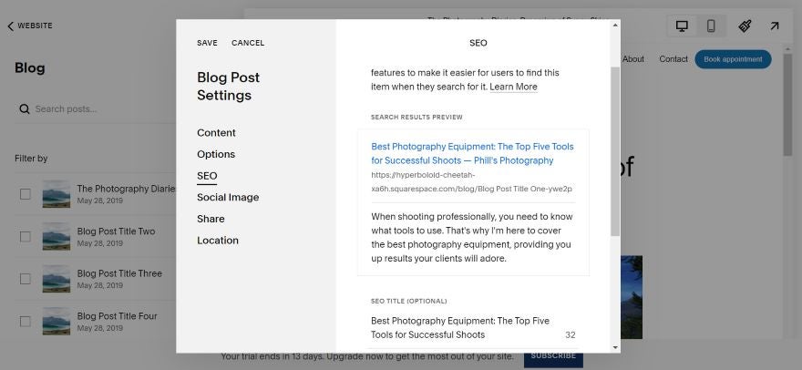 A screenshot of Squarespace's SEO tools via the blog editor.