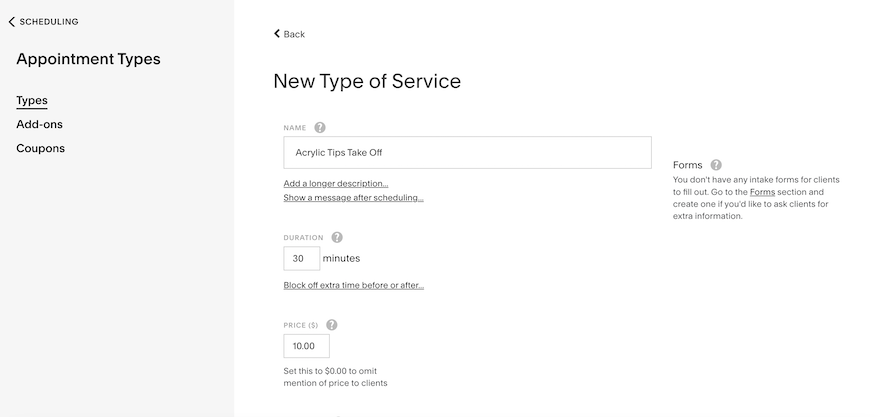 The “New Type of Service” page with empty fields where you can specify the name, duration, and price of your service.