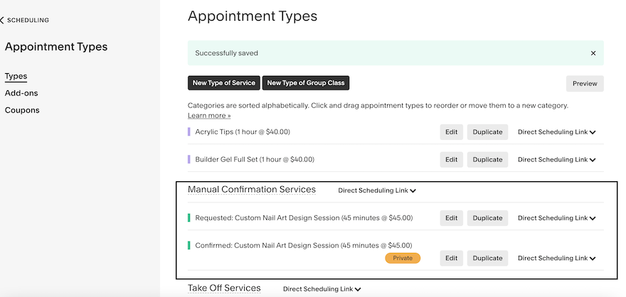 The “Appointment Types” page showing the list of services with a black box around the “Manual Confirmation Services” category, with a Requested and a Confirmed Appointment type inside.