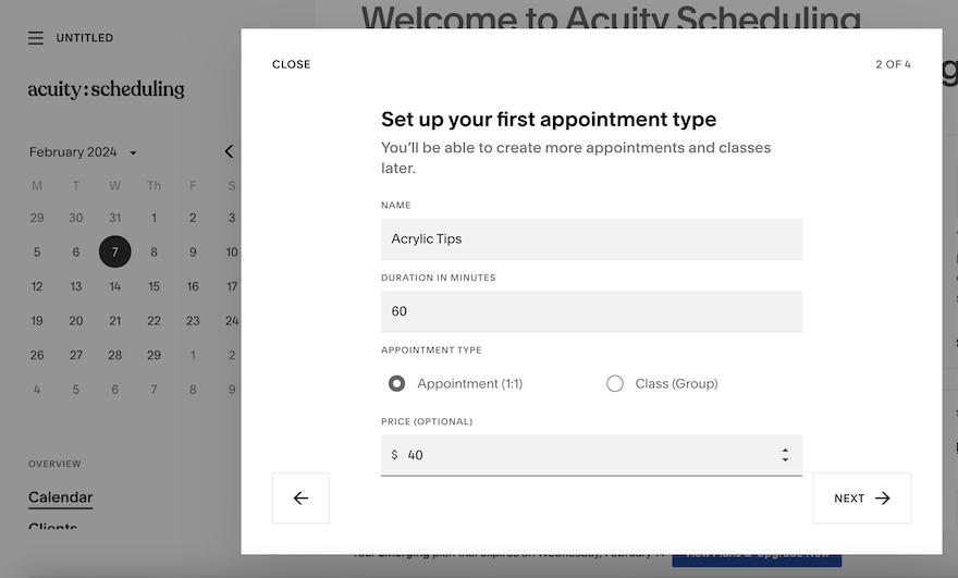 The Acuity Scheduling setup page with a white popup containing empty fields which users can populate with details of their appointment types.