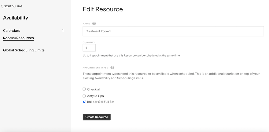 The “Resources” page showing different empty fields where you can add details of resources and select which Appointment Types they are related to.