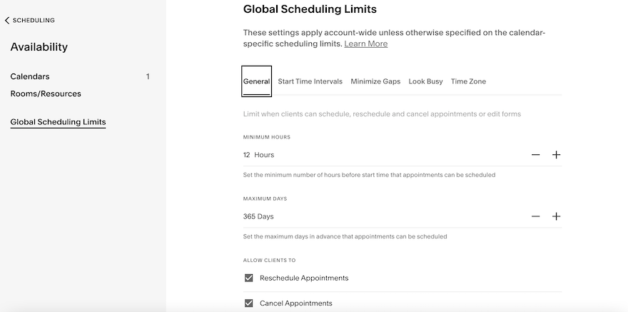 The “Global Scheduling Limits” page showing various fields to help you determine booking and cancellation rules for clients.