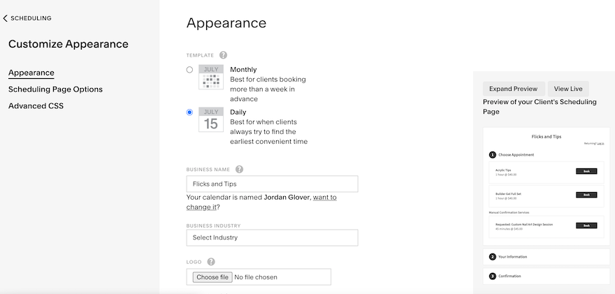 Acuity Scheduling “Appearance” page showing different customization options and a preview box on the right-hand side.