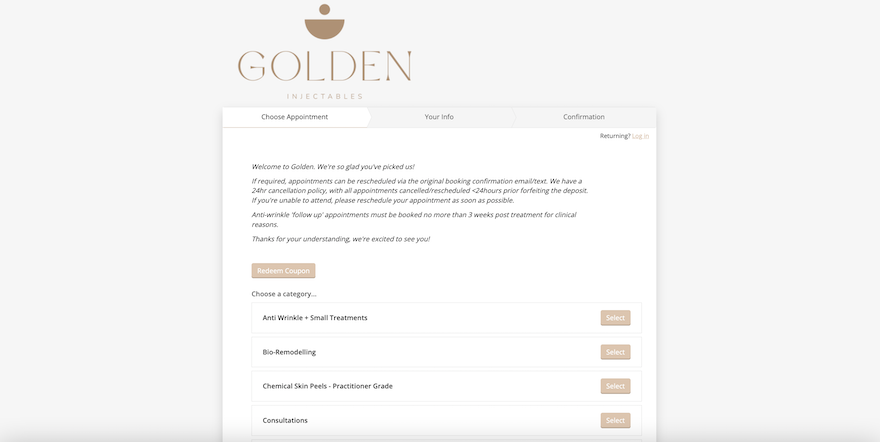 Golden Injectables booking page with various services listed with buttons for clients to select.