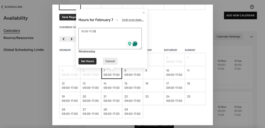 The Acuity Scheduling “Availability” page showing a smaller calendar popup where you can change the business hours for different dates – in this case, the 7th of February.