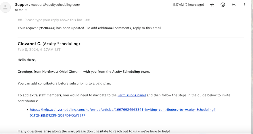 Email Response from Acuity Support, showing email with answer from Giovanni G.