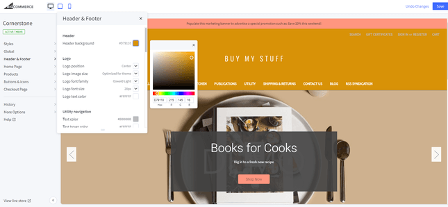 a website editor with an orange website choosing colours on a colour picker