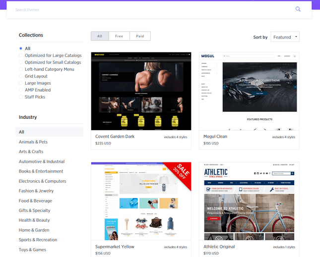 selection of bigcommerce template designs with side menu on left