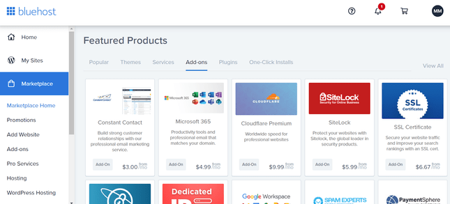 Bluehost's marketplace featuring catalog of additional products