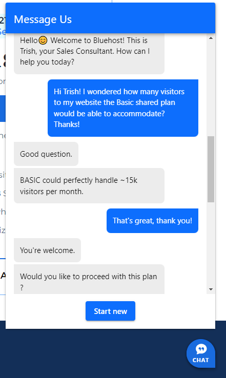 Exchnange between Bluehost live chat support and a query about shared plan traffic limits