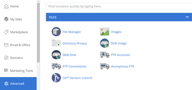 Bluehost's control panel dashboard featuring icons to navigate to backend website functions