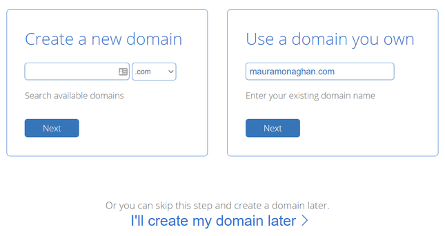 2 search bars on Bluehost to create a new domain name or input your existing domain
