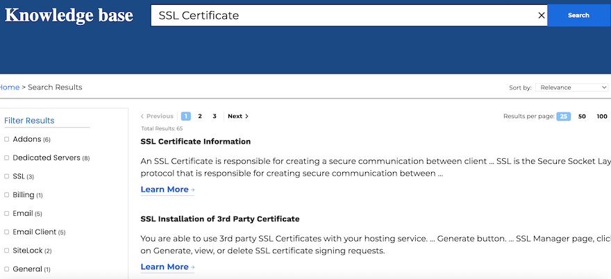 Bluehost’s knowledge base results page for the search “SSL Certificate”.