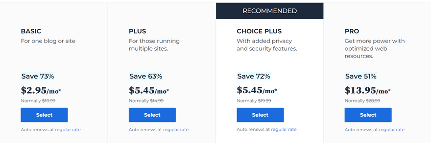 Four pricing plans offered by Bluehost