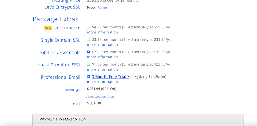 The Bluehost checkout page showing the various extras you can add to your hosting plan, such as SiteLock Essentials.