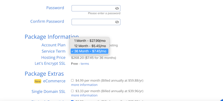 Bluehost’s checkout page, showing a gray dropdown menu with the different term lengths available.