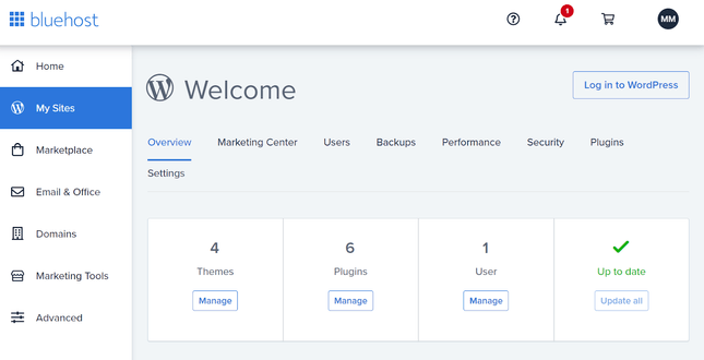 Bluehost dashboard featuring WordPress site management tools