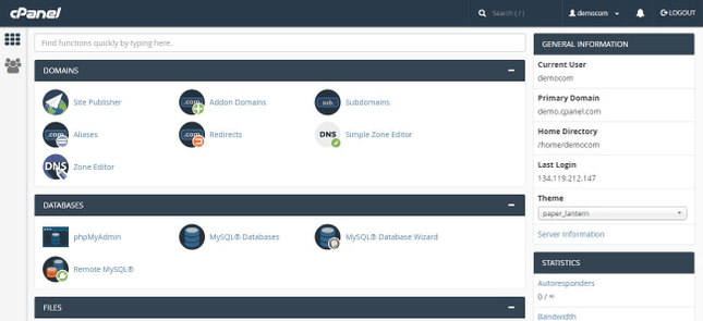 cPanel interface has options like manage domains, databases, web files, and so on.