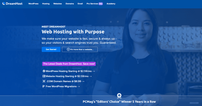 DreamHost homepage showcasing their latest deals