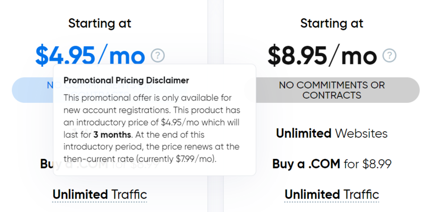 DreamHost monthly plan cost with introductory price disclaimer