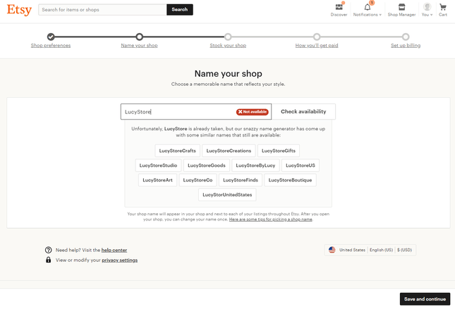 etsy set up process with progress bar at the top and a search bar for choosing a store name