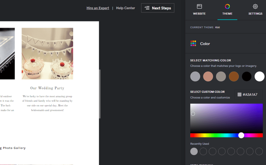 GoDaddy sidebar to edit the website's color palette
