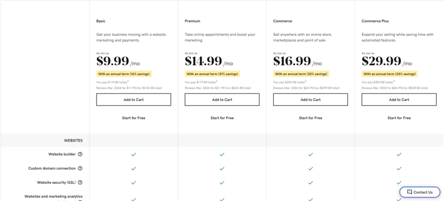 A screenshot of GoDaddy's main price plans.