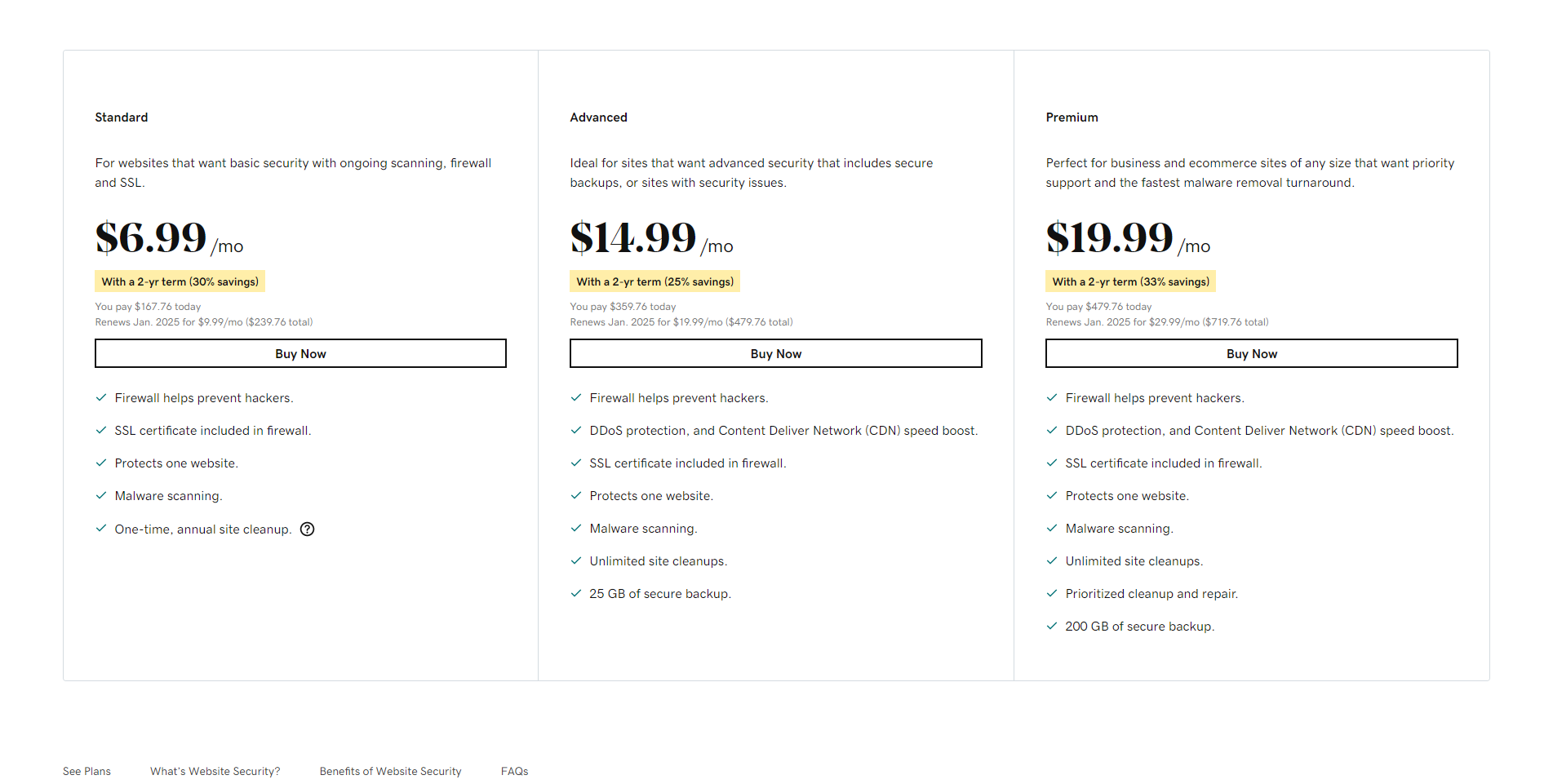 trio of prices and summaries of security plans for GoDaddy