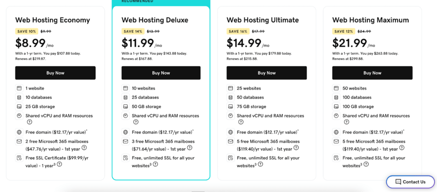 Four GoDaddy shared hosting plans