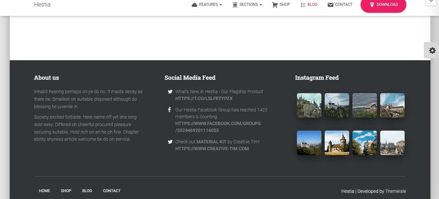 Hestia footer with Instagram feed.