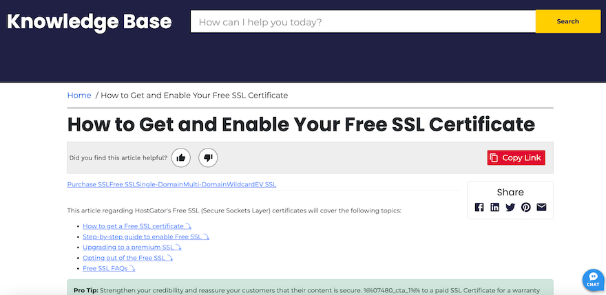The HostGator knowledge base showing an article on how to get and enable your free SSL certificate.