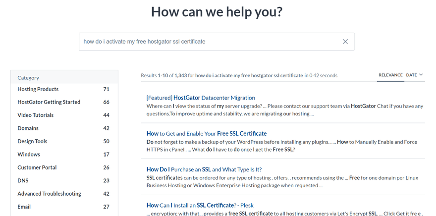 HostGator's knowledge base answering an SSL question