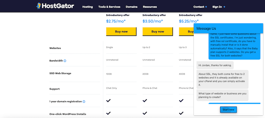 The HostGator pricing page with a live chat box open on the right showing a conversation in progress.