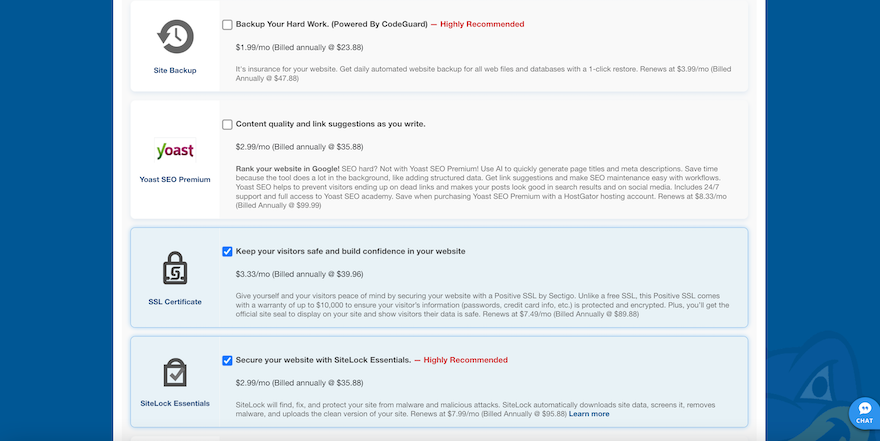 The HostGator checkout page with the extra security tools you can add to your chosen hosting plan.