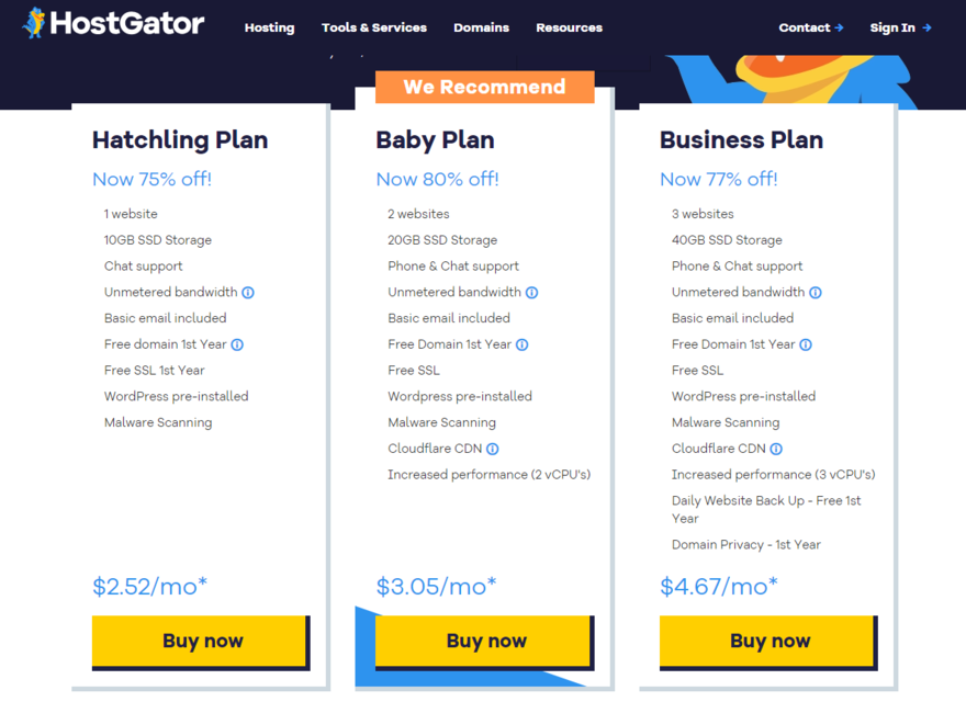 HostGator three shared pricigin plans and features