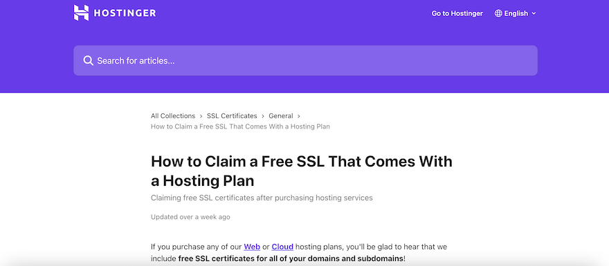 A Hostinger Knowledge Base page, showing an article on how to claim a free SSL.