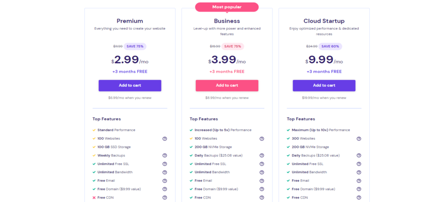 Hostinger's 3 shared hosting plans and prices