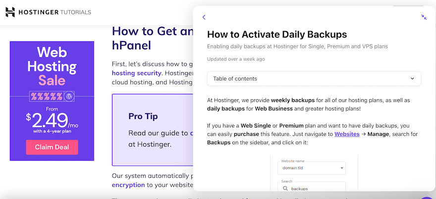 A Hostinger tutorial page with a white chat box open in the bottom right and showing instructions on how to activate daily backups.