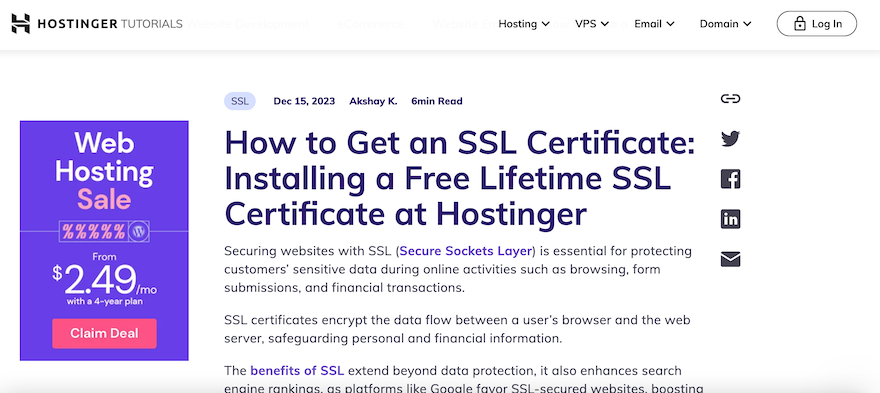 A Hostinger Tutorial, showing the introduction to a tutorial on how to install a free lifetime SSL certificate.