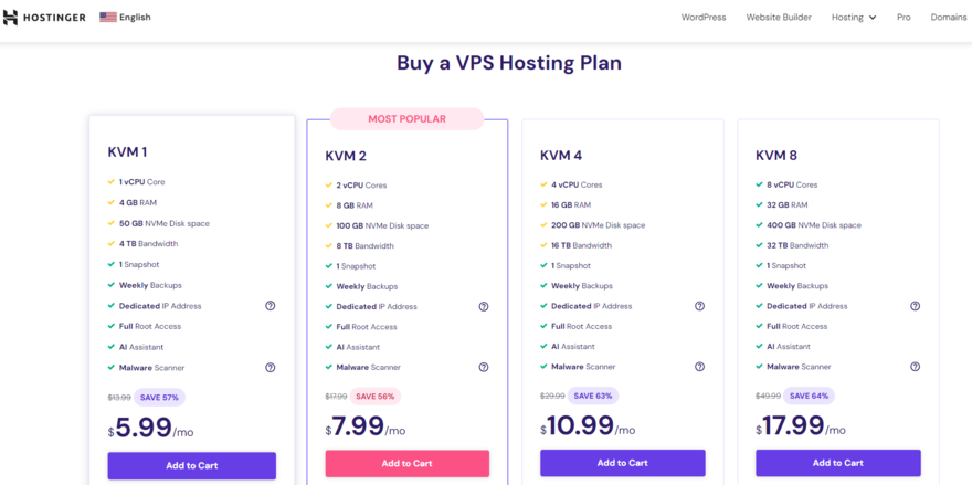 Four Hostinger VPS hosting plans and pricing