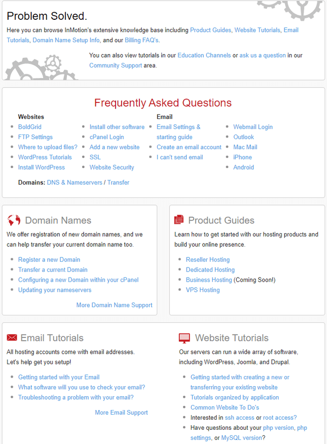 InMotion support center with red FAQs and informaiton