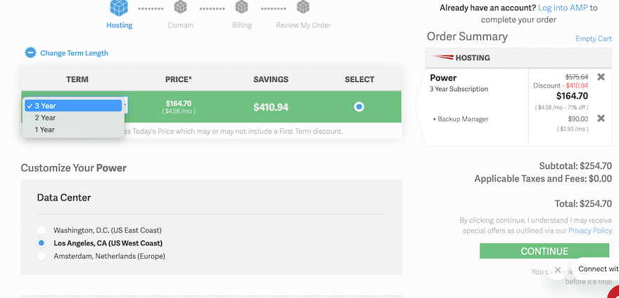 The InMotion checkout page showing a gray drop-down menu with the available contract terms on the left. On the right is a summary of the cart, showing the chosen hosting plan and associated costs.