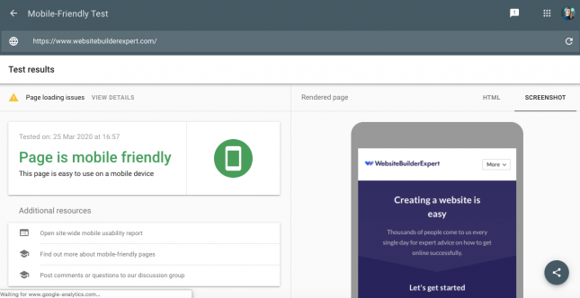 Google's mobile friendly test