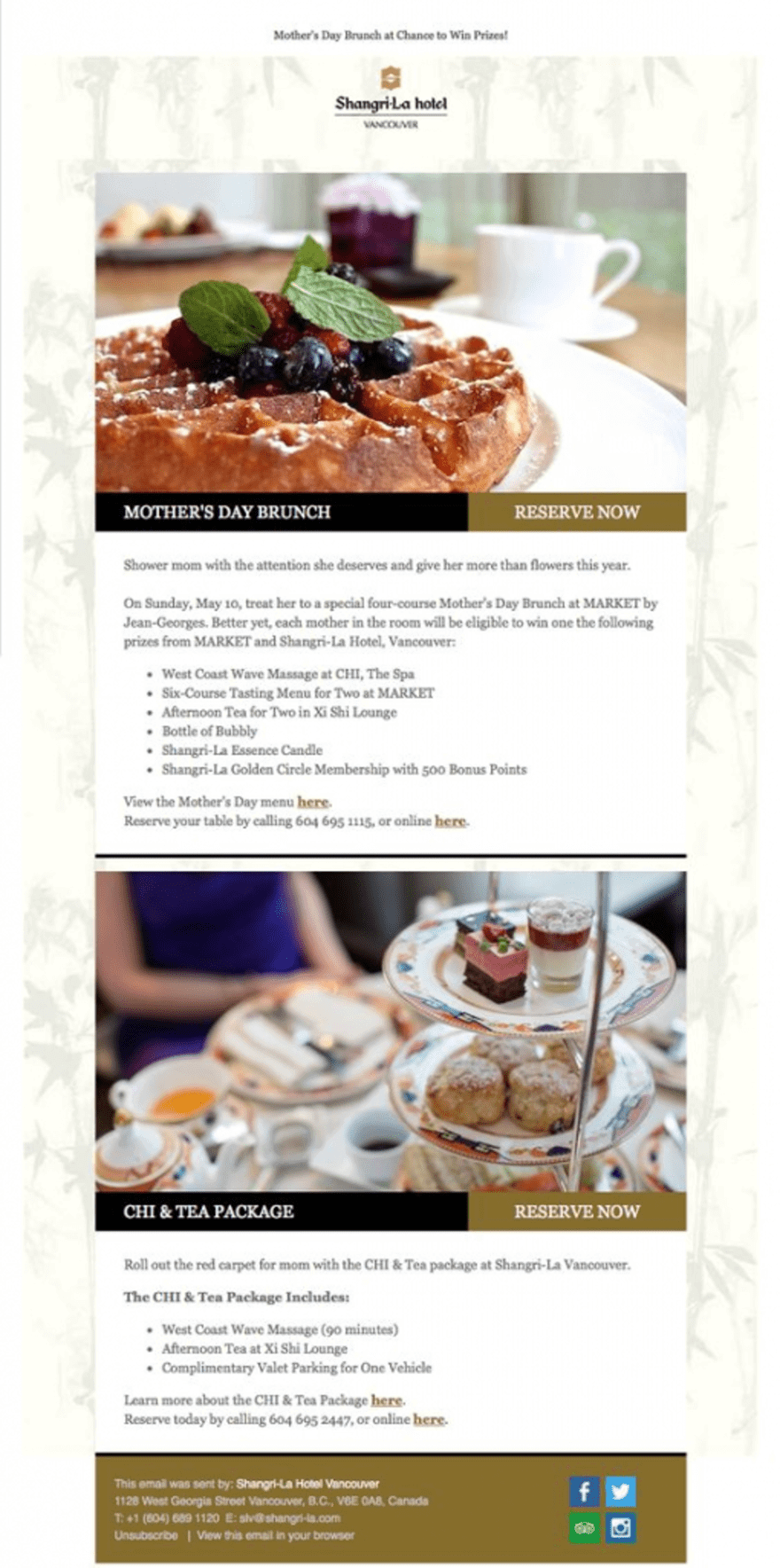 Promotional email from Shangri-La Hotel Vancouver offering a special Mother's Day Brunch and a CHI & Tea package with reservation details and contact information.