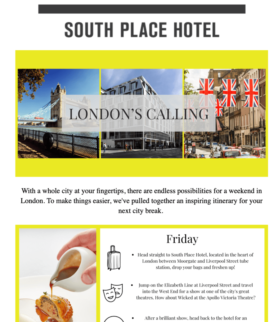 Promotional material for South Place Hotel featuring London attractions and a curated itinerary for a weekend city break including a stay at the hotel and a West End show.
