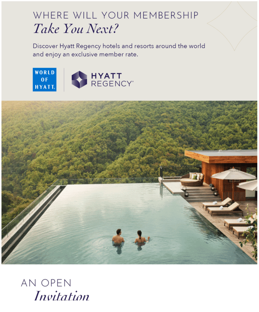 Hyatt Regency promotional email with the headline 'Where Will Your Membership Take You Next?' and an image of a couple in an infinity pool overlooking a forest.