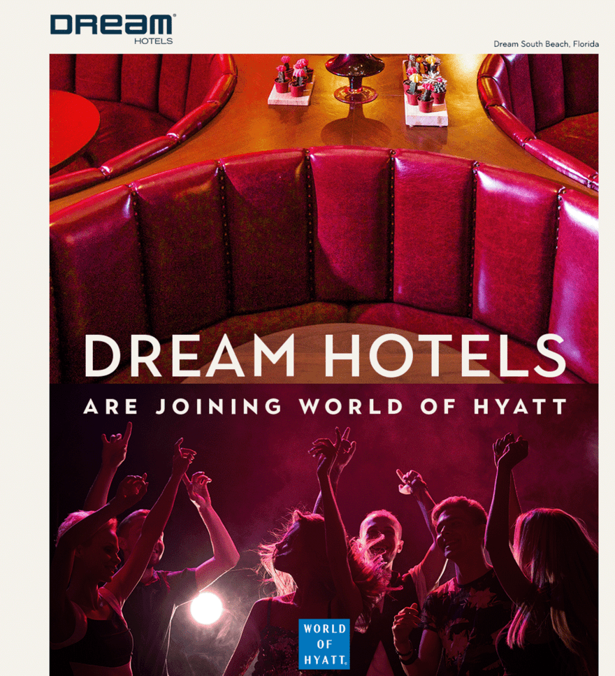 Promotional image announcing Dream Hotels joining the World of Hyatt with vibrant visuals of a nightclub scene and plush seating area.